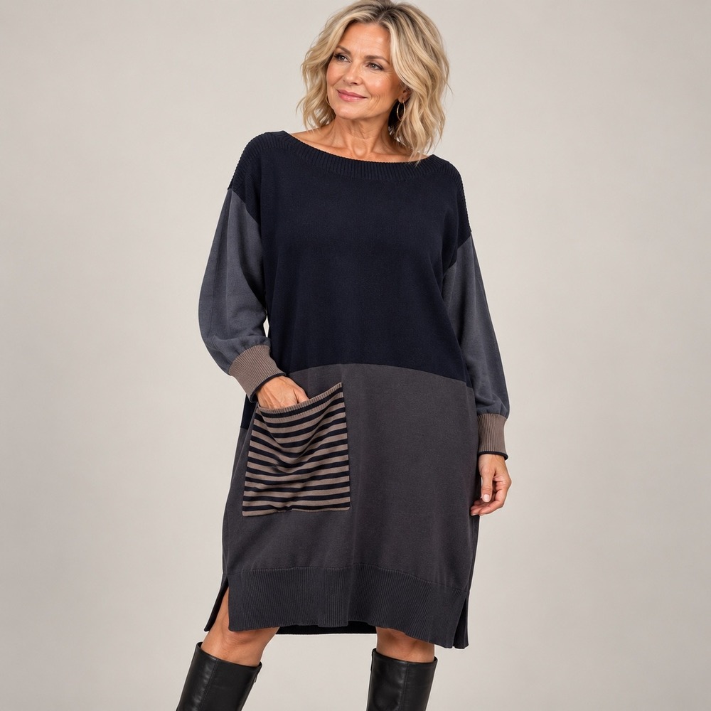 Gudrun Sjoden Organic Cotton Colorblock Sweater Dress L Grey Black Tan Lagenlook